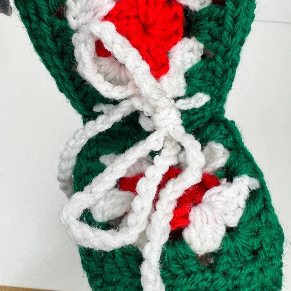 Vtg Small‎ Granny Square Red Green White Yarn Christmas Holiday Stocking Decor
